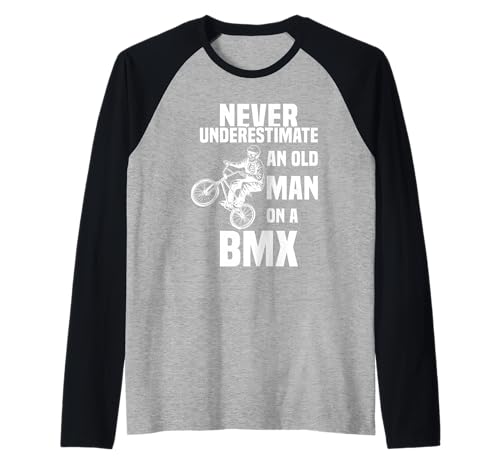 Never Underestimate an Old Man on a BMX Skelett fährt BMX Raglan von Mountainbike Fahrrad Geschenk Downhill BMX Gift