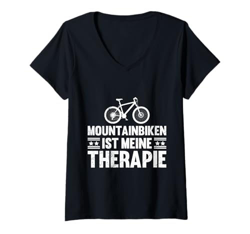 Damen MOUNTAINBIKEN IST MEINE THERAPIE MTB Lustiges Radfahrer T-Shirt mit V-Ausschnitt von Mountainbiker Geschenke Lustig MTB TShirt Rad