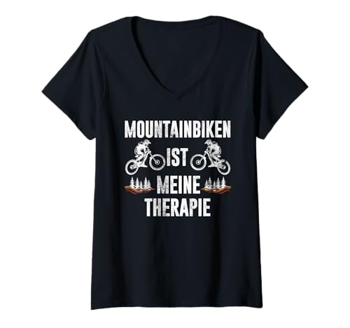Damen MOUNTAINBIKEN IST MEINE THERAPIE MTB Lustiges Radfahrer T-Shirt mit V-Ausschnitt von Mountainbiker Geschenke Lustig MTB TShirt Rad
