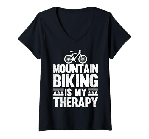 Damen MOUNTAINBIKEN IST MEINE THERAPIE MTB Lustiges Radfahrer T-Shirt mit V-Ausschnitt von Mountainbiker Geschenke Lustig MTB TShirt Rad