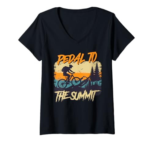 Damen Mountainbiken PEDAL TO THE SUMMIT MTB Lustiges Radfahren T-Shirt mit V-Ausschnitt von Mountainbiker Geschenke Lustig MTB TShirt Rad