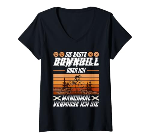 Damen Mountainbiken SIE SAGTE DOWNHILL ODER ICH Lustiges MTB T-Shirt mit V-Ausschnitt von Mountainbiker Geschenke Lustig MTB TShirt Rad