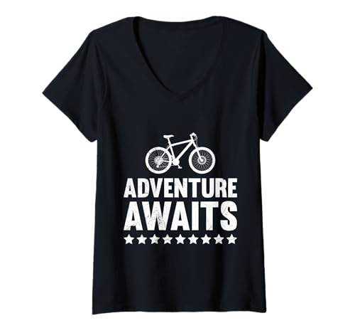 Damen Mountainbiker ADVENTURE AWAITS MTB Lustiges Mountainbiken T-Shirt mit V-Ausschnitt von Mountainbiker Geschenke Lustig MTB TShirt Rad