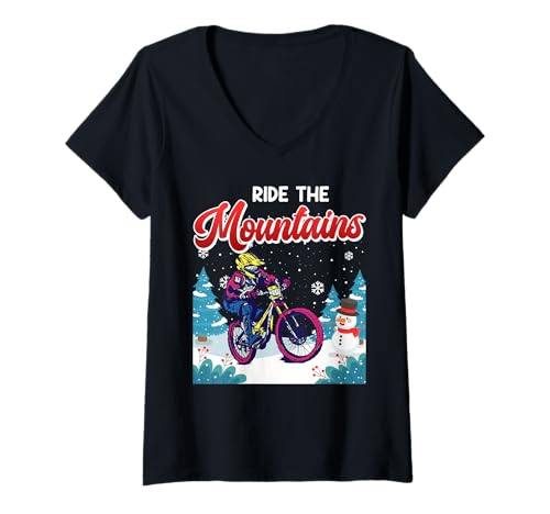 Damen Mountainbiker RIDE THE MOUNTAINS Radler Lustiges MTB T-Shirt mit V-Ausschnitt von Mountainbiker Geschenke Lustig MTB TShirt Rad