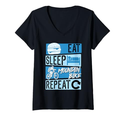 Damen Radfahren EAT SLEEP REPEAT Radler Lustiges Radfahrer T-Shirt mit V-Ausschnitt von Mountainbiker Geschenke Lustig MTB TShirt Rad