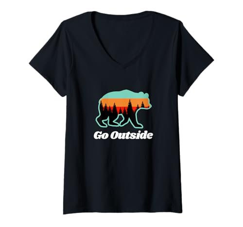 Damen Go Outside Summer Bear Wandern Camping T-Shirt mit V-Ausschnitt von Mountains Lake Swimming Outdoor Family