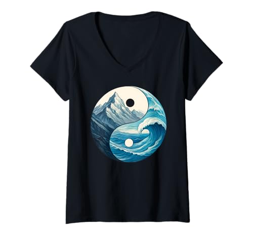 Damen Mountains Ocean Yin Yang T-Shirt mit V-Ausschnitt Damen Mountains Ocean Yin Yang T-Shirt mit V-Ausschnitt von Mountains Ocean Yin Yang Art Apparel