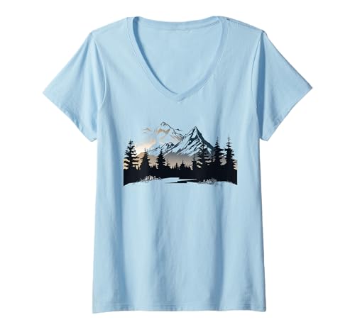 Damen Alpen Berge im Wald mit Bäumen Natur die Berge T-Shirt mit V-Ausschnitt Damen Alpen Berge im Wald mit Bäumen Natur die Berge T-Shirt mit V-Ausschnitt von Mountains and Nature Designs24