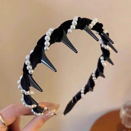 Vintage High Cranium Künstliche Perle Haarband Damen Mode Stirnbänder Gewelltes Haarband mit Zähnen Bequem Elegant Stirnbänder (Schwarz-Perle, M) von Mounteps