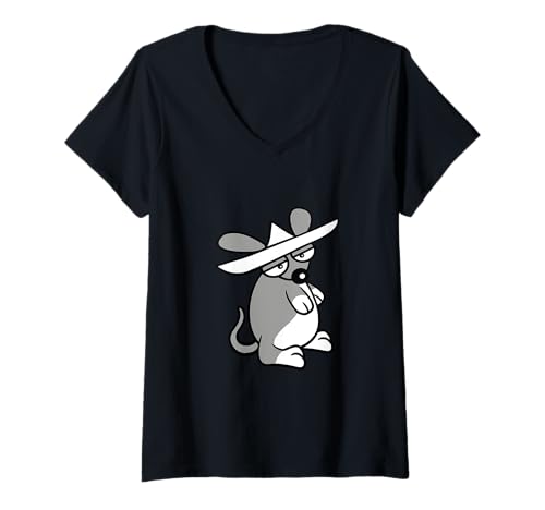 Damen Maus Big Hat Sombrero Traurig Müde Langeweile Look Lustig Comic Fun T-Shirt mit V-Ausschnitt Damen Maus Big Hat Sombrero Traurig Müde Langeweile Look Lustig Comic Fun T-Shirt mit V-Ausschnitt von Mouse Rat Animal Mice Rodent Lover Funny Comic Fun
