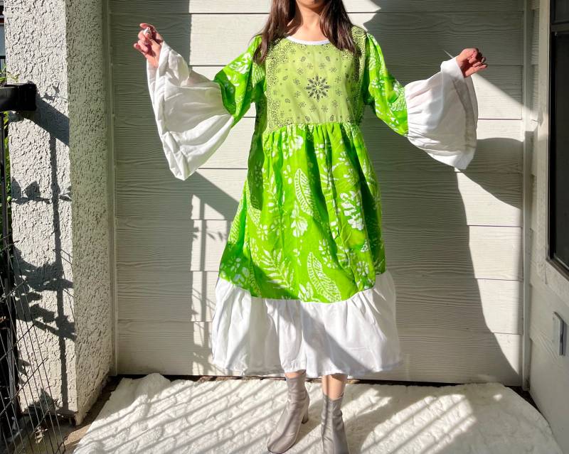 Maxi Bandana Kleid Mit Trompetenärmeln Sku 04295 Grün/Weiss von MouseDarlingCo