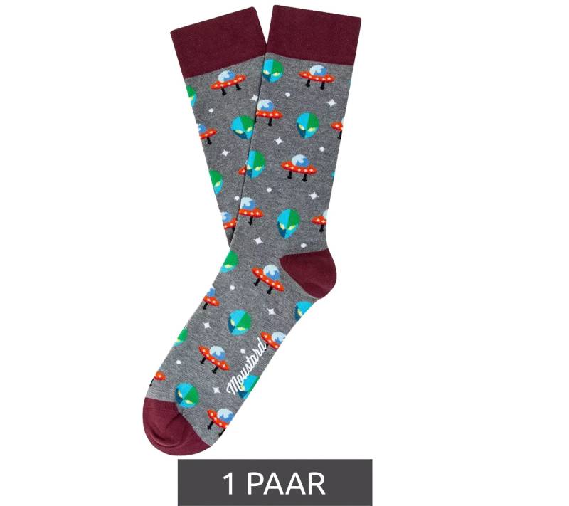 1 Paar Moustard Alien Herren Baumwoll-Socken mit Alien und Ufo Allover-Print gemusterte lange Strümpfe 17S-ALIEN Dunkelrot/Grau von Moustard
