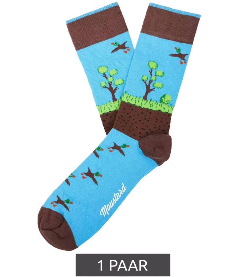 1 Paar Moustard Duckhunt Baumwoll-Socken mit Enten und Natur-Print gemusterte lange Strümpfe 22S-DUCK Blau/Grün/Braun von Moustard