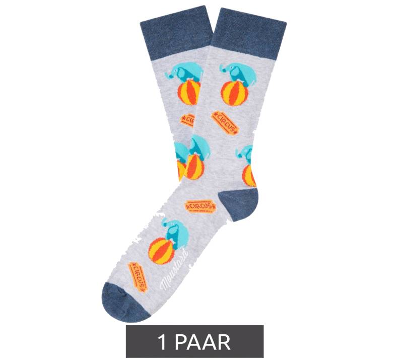 1 Paar Moustard Elefanten Circus Herren Baumwoll-Socken mit Allover-Print gemusterte lange Strümpfe 20SELEPCIRC-M Grau/Blau von Moustard