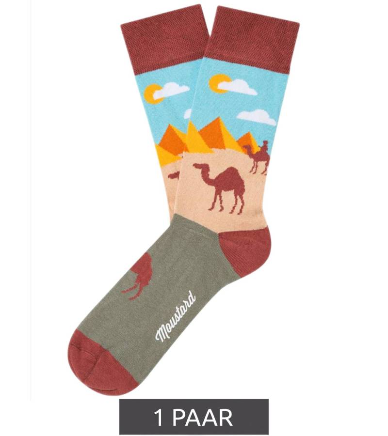 1 Paar Moustard Pyramids and Camels Baumwoll-Socken Wüsten Design mit Pyramiden und Kamelen gemusterte lange Strümpfe 20S-PYRAM Hellblau/Rot/Beige von Moustard