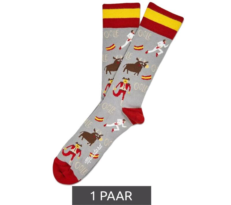 1 Paar Moustard San Fermin Baumwoll-Socken mit Stierkampf-Symbolen und Spanien-Flagge am Bund gemusterte lange Strümpfe 17SSFER Grau/Rot/Gelb von Moustard