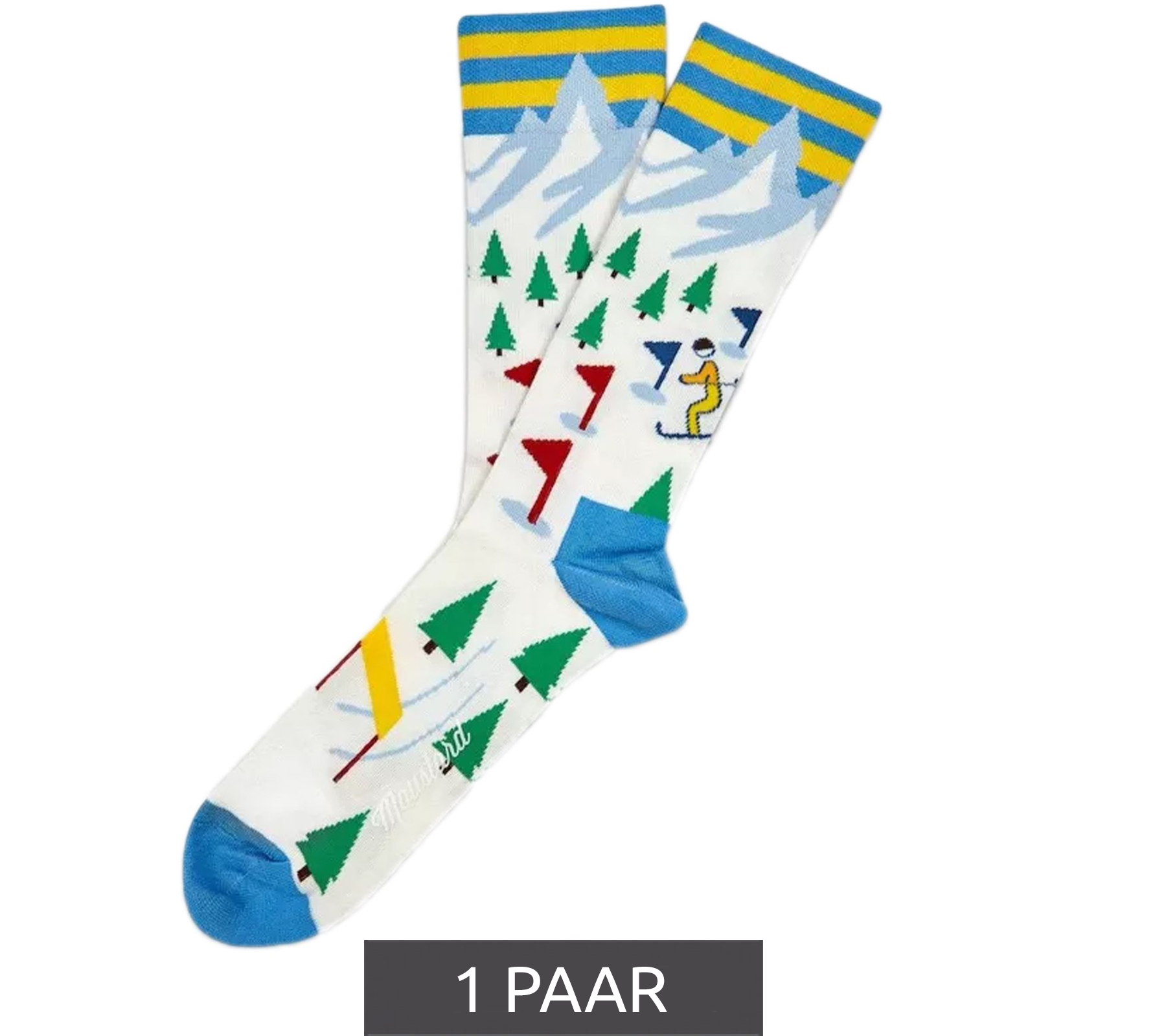 1 Paar Moustard Ski Herren Baumwoll-Socken mit Skipisten-Print gemusterte lange Strümpfe 17S-SKI Weiß/Hellblau/Rot/Grün von Moustard