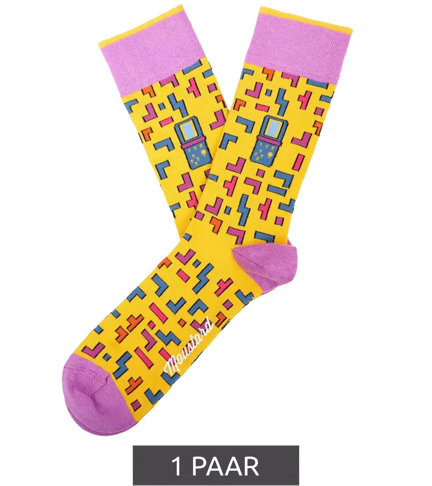 1 Paar Moustard Tetris Baumwoll-Socken mit Allover-Print im Retro-Gameplay Design gemusterte lange Strümpfe 22S-TETRIS Gelb/Blau/Rosa/Lila von Moustard