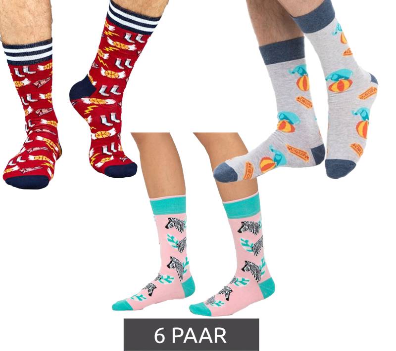 6 Paar Moustard Herren Baumwoll-Socken mit Allover-Print gemusterte lange Strümpfe mit Elefanten, Zebras oder Basketbällen Rot, Rosa oder Grau von Moustard