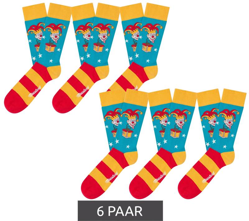 6 Paar Moustard Jack in the Box Baumwoll-Socken Schachtel-Teufel Design gestreifte lange Strümpfe 20S-JACK Rot/Gelb/Blau von Moustard