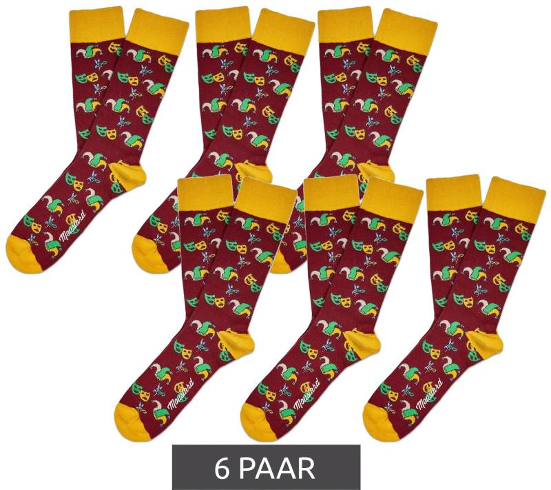 6 Paar Moustard Mardi Grass Herren Baumwoll-Socken mit Harlekin und Narrenkappen Allover-Print gemusterte lange Strümpfe 17S-MGRASS-M Gelb/Dunkelrot/Gelb von Moustard