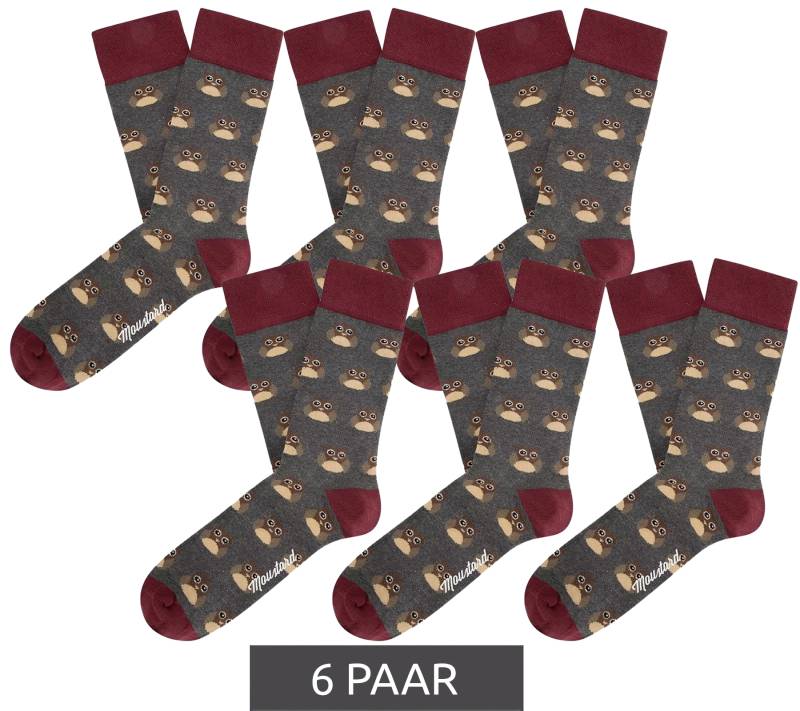 6 Paar Moustard Owl  Baumwoll-Socken mit Eulen-Allover-Print gemusterte lange Strümpfe 20S-OWL Grau/Rot/Beige von Moustard