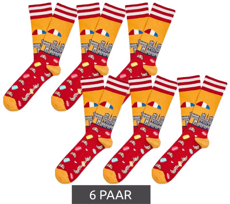 6 Paar Moustard Paris Herren Baumwoll-Socken mit Skyline von Paris Allover-Print gestreifte und gemusterte lange Strümpfe 17S-PARIS Rot/Gelb/Weiß von Moustard