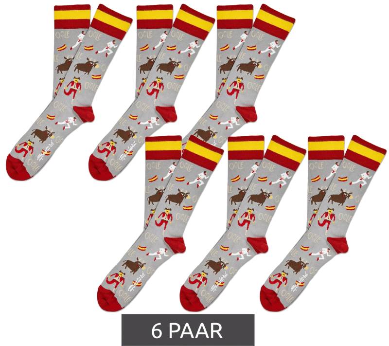6 Paar Moustard San Fermin Baumwoll-Socken mit Stierkampf-Symbolen und Spanien-Flagge am Bund gemusterte lange Strümpfe 17SSFER Grau/Rot/Gelb von Moustard
