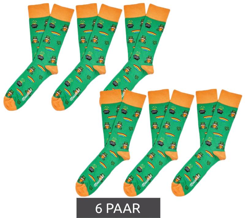 6 Paar Moustard St. Patrick's Herren Baumwoll-Socken mit Regenbogen und Gold-Topf Allover-Print gemusterte lange Strümpfe 17S-SPATR Grün/Orange/Weiß von Moustard