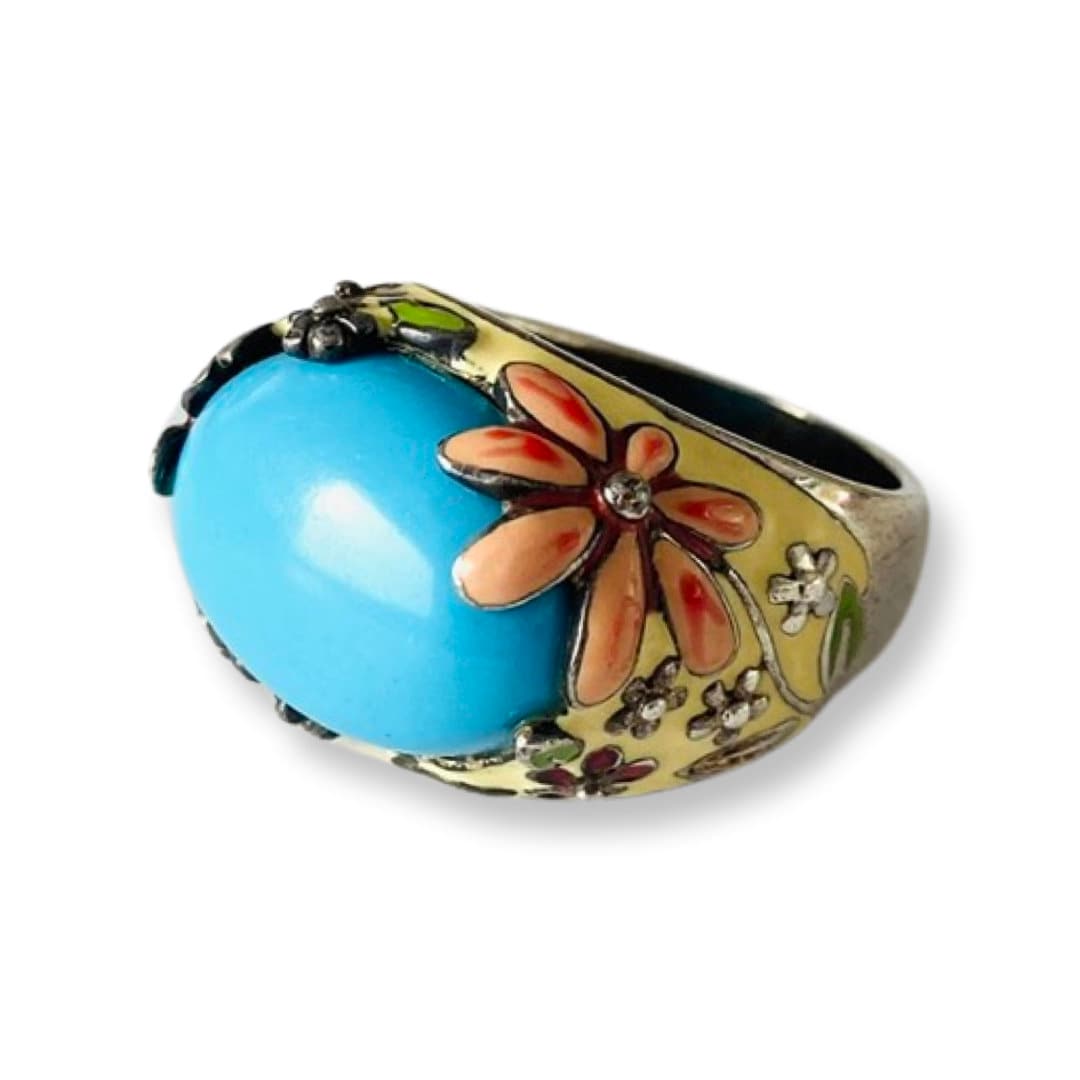 sterling Silber 925 Dornröschen Türkis Edelstein Figural Floral Emaillierte Solitaire Band Größe 8 Sammler Artisan Schmuck 11 Gramm von Moutiques