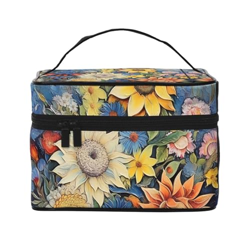 Mouxiugei Öl auf Leinwand Sonnenblume tragbare Make-up-Tasche – elegante Reise-Kosmetiktasche mit großem Fassungsvermögen, Make-up-Taschen-Set, Make-up-Tasche für Frauen, Öl Auf Leinwand Sunflower2, von Mouxiugei