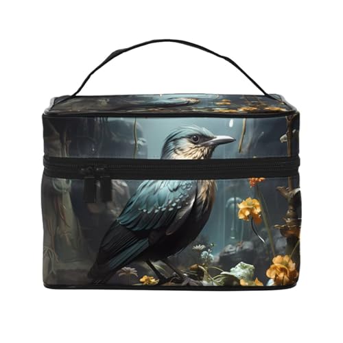 Mouxiugei Schwarze Vogel und Blume tragbare Make-up-Tasche – elegante Reise-Kosmetiktasche mit großem Fassungsvermögen, Make-up-Taschenset, Make-up-Tasche für Frauen, Schwarzer Vogel und Blume, von Mouxiugei