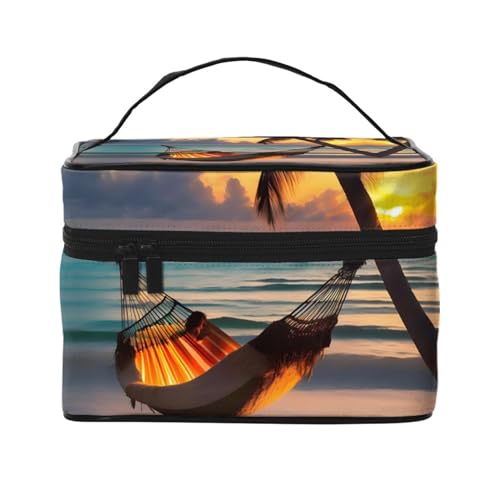 Mouxiugei Sunset Beach Hängematte tragbare Make-up-Tasche – elegante Reise-Kosmetiktasche mit großem Fassungsvermögen, Make-up-Taschen-Set, Make-up-Tasche für Frauen, Sunset Beach Hängematte, von Mouxiugei