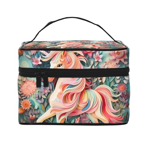 Mouxiugei Tragbare Make-up-Tasche mit Einhorn-Design, rosa Papierschnitt, elegante Reise-Kosmetiktasche mit großem Fassungsvermögen, Make-up-Taschenset, Make-up-Tasche für Frauen, Rosa Papierschnitt von Mouxiugei