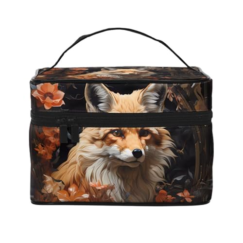 Mouxiugei Tragbare Make-up-Tasche mit Fuchs und Blumen – elegante Reise-Kosmetiktasche mit großem Fassungsvermögen, Make-up-Tasche für Damen, Fuchs und Blumen, Einheitsgröße von Mouxiugei