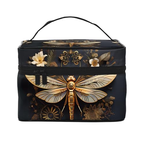 Mouxiugei Tragbare Make-up-Tasche mit Libelle, goldfarben, elegante Reise-Kosmetiktasche mit großem Fassungsvermögen, Make-up-Tasche für Damen, Gold Exquisite Libelle, Einheitsgröße von Mouxiugei