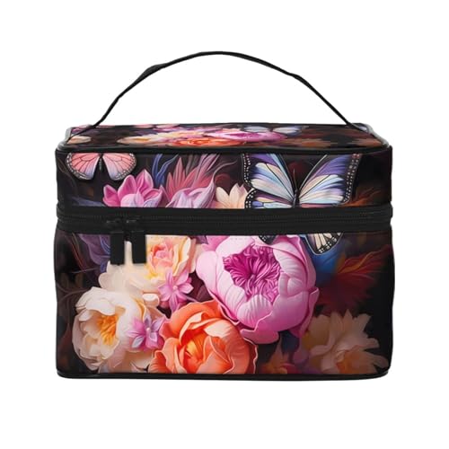 Mouxiugei Tragbare Make-up-Tasche mit Schmetterlingen und frischem Busch – elegante Reise-Kosmetiktasche mit großem Fassungsvermögen, Make-up-Taschen-Set, Make-up-Tasche für Frauen, Schmetterlinge und von Mouxiugei