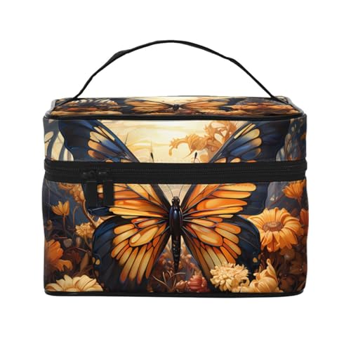 Mouxiugei Tragbare Make-up-Tasche mit Schmetterlingsfeld-Blumen, elegante Reise-Kosmetiktasche mit großem Fassungsvermögen, Make-up-Tasche für Damen, Orange / Gelb, Orange Gelb Schmetterling Feld von Mouxiugei