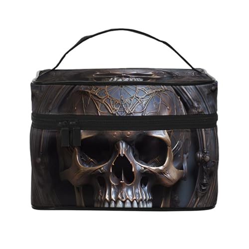 Mouxiugei Tragbare Make-up-Tasche mit Totenkopf-Motiv, elegante Reise-Kosmetiktasche mit großem Fassungsvermögen, Make-up-Tasche für Damen, Kupferfarbener Schädel, Einheitsgröße von Mouxiugei