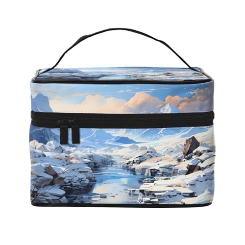 Tragbare Make-up-Tasche mit verschneiter Berglandschaft – elegante Reise-Kosmetiktasche mit großem Fassungsvermögen, Make-up-Taschen-Set, Make-up-Tasche für Damen, Verschneite Berglandschaft, von Mouxiugei