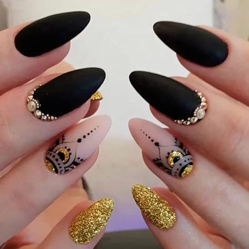 MouYou Nägel Zum Aufkleben Kurz Mandel,Stiletto Press on Nails Full Cover Kunstnägel mit Nagelkleber,French Schwarz Neuer StilMuster mit Glitzer Fingernägel zum Aufkleben für Frauen von Mouyou