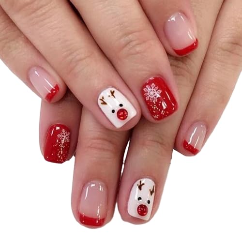 MouYouGlow Press on Nails Kurz,Square Nude Rot French Christmas Fake Nails Full Cover Kunstnägel mit Nagelkleber,Eckig Weihnachten Snowflake Cute Acryl Künstliche Fingernäge … von MouyouGlow