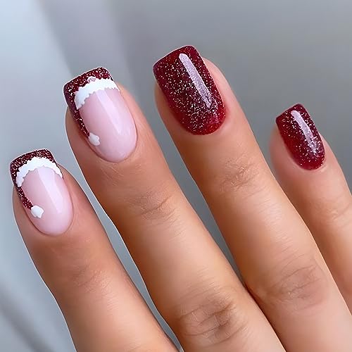 MouYou 24 Stück Press on Nails Kurz,Square Dunkel Rot French Christmas Fake Nails Full Cover Kunstnägel mit Nagelkleber,Eckig Nude Rosa Weihnachten Kappe Cute Acryl Künstliche Fingernägel von Mouyou