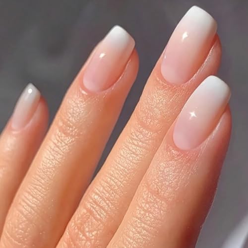 MouYou Press on Nails Kurz,Square Nude Pink Gradient White Fake Nails Full Cover Kunstnägel mit Nagelkleber,Babyboomer Farbverlauf Weiß Acryl Künstliche Fingernägel für Frauen & Mädchen von Mouyou