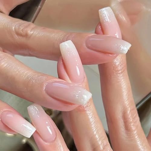 MouYou Press on Nails Kurz,Square Nude Pink White Fake Nails Full Cover Kunstnägel mit Nagelkleber,Eckig Babyboomer Glitzer Rosa Weiß Acryl Künstliche Fingernägel für Frauen & Mädchen von Mouyou