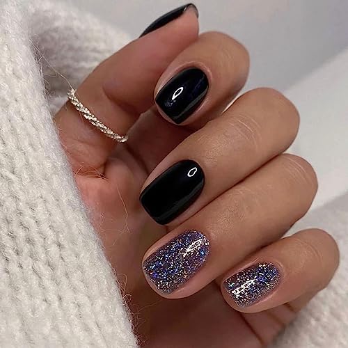 MouYou ress on Nails Kurz Short,Square Black Purple Glitter Fake Nails Full Cover Kunstnägel mit Nagelkleber,Eckig Schwarz Bling Lila Acryl Künstliche Fingernägel für Frauen & Mädchen von Mouyou