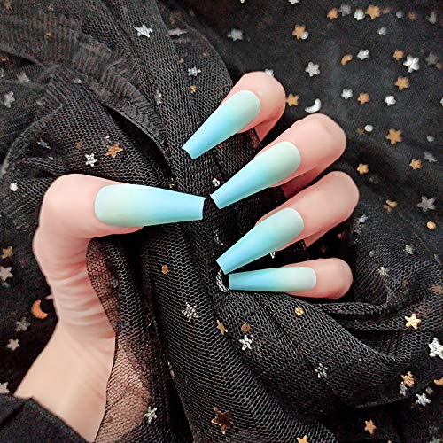 MouYou 24 Stück Press on Nails lang, Ballerina Fake Nails Full Cover Kunstnägel mit Nagelkleber, French Matte Farbverlauf Blau Acryl Künstliche Fingernägel für Frauen & Mädchen von Mouyou