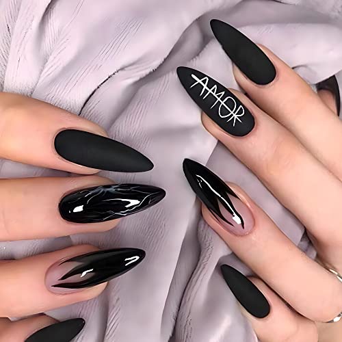 MouYou Press on Nails Long,Almond Pink Black Flamme Marble Fake Nails Full Cover Kunstnägel mit Nagelkleber,Mandel Feuer Marmor Schwarz Acryl Künstliche Fingernägel für Frauen & Mädchen … von Mouyou