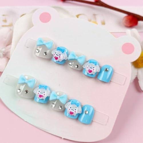 Handgefertigte Kinder Press on Nails Kurz MouyouGlow,Children Blau Cute Kawaii Carton 3D Cinna moroll Diamant Bow Y2K Fake Nails,Sweet Kids Acryl Küns Fingernägel für Mädchen Teenager 10Pcs CH20 von MouyouGlow