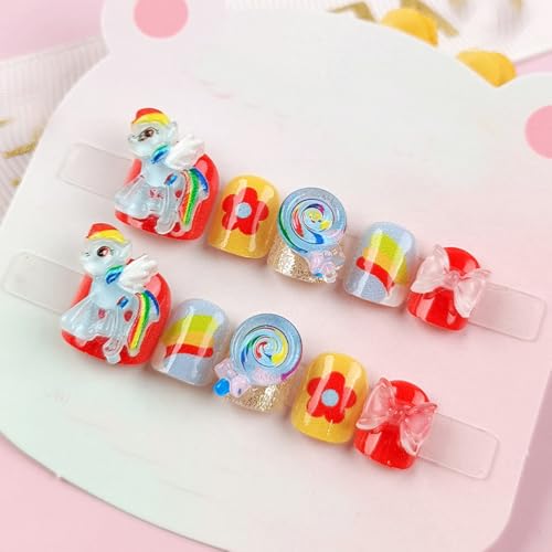 Handgefertigte Kinder Press on Nails Kurz MouyouGlow,Children Colourful Cute Kawaii 3D My Little Po ny Blumen Lutscher Bow Y2K Fake Nails,Kids Acryl Fingernägel für Mädchen Teenager 10Pcs-CH22 von MouyouGlow